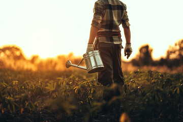 A farmer holds a watering can in the middle of a cassava field at sunset.