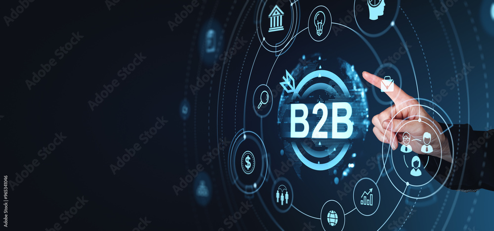 Poster business concept showcasing b2b network with various icons and graphics. futuristic style on a dark 