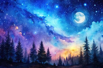 Fototapeta premium Vibrant blue and purple hues swirl together in a whimsical watercolor depiction of a starry night sky, with faint moonlight casting an ethereal glow.