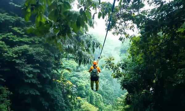 A group of friends embarking on a thrilling zip-lining adventure through a dense forest canopy, enjoying breathtaking views from above. Video