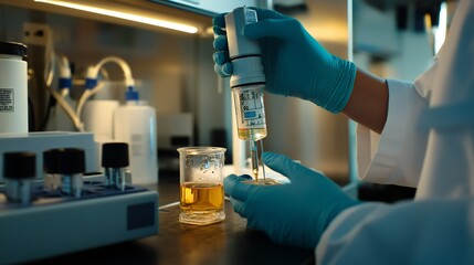 Testing soil pH levels in a controlled laboratory environment, with a technician using a glass electrode meter