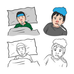 Illustration of a vector of a child who is sick with a fever