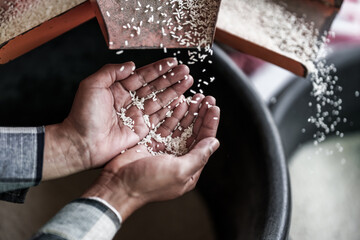 A farmer shows rice being milled using a rice mill on his hand. © Charnchai saeheng