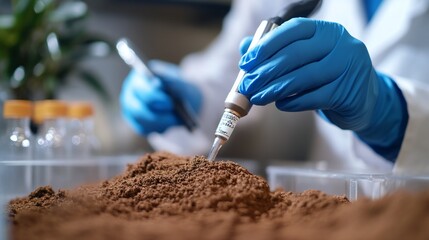 Testing soil pH levels in a laboratory, with a technician using a digital meter and taking detailed notes