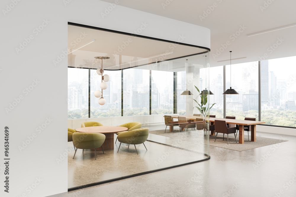 Aufkleber modern open space office with large windows showcasing a city view. features contemporary furniture 