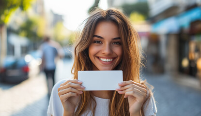 Beautiful young woman showing a blank card to the camera