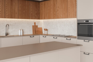 Beige home kitchen interior with cooking cabinet, bar island and kitchenware