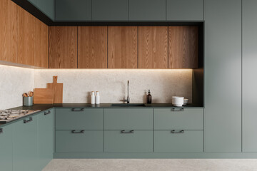 Modern kitchen interior with sleek cabinets and clean design. 3D Rendering