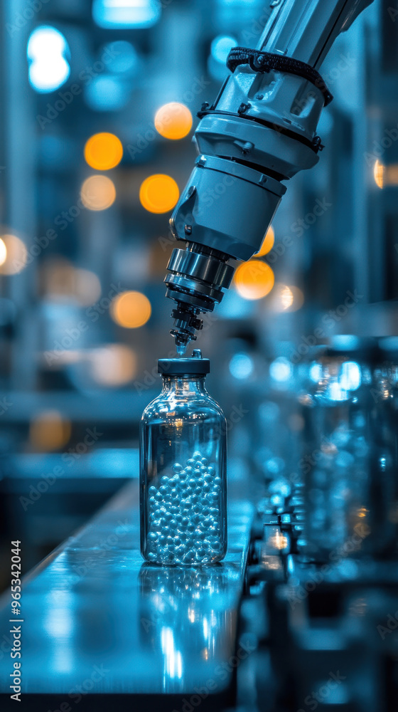 Poster a robot is filling a bottle with pills. the robot is in a factory setting