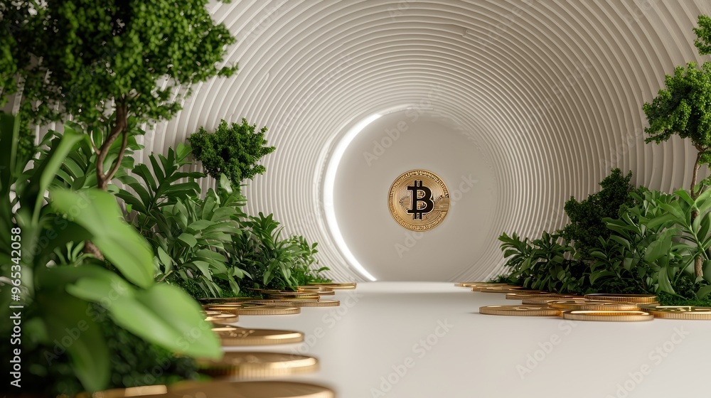 Poster futuristic virtual currency management in modern office setting - with copy space
