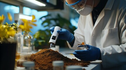 Testing the pH level of soil in a laboratory, with a technician using a digital meter and recording the results.