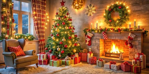 Vibrant festive holiday scene featuring decorated Christmas tree, garlands, candles, and stockings, surrounded by sparkling snowflakes and wrapped gifts in a cozy living room setting.