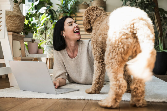 Smiling woman working on laptop near dog at home