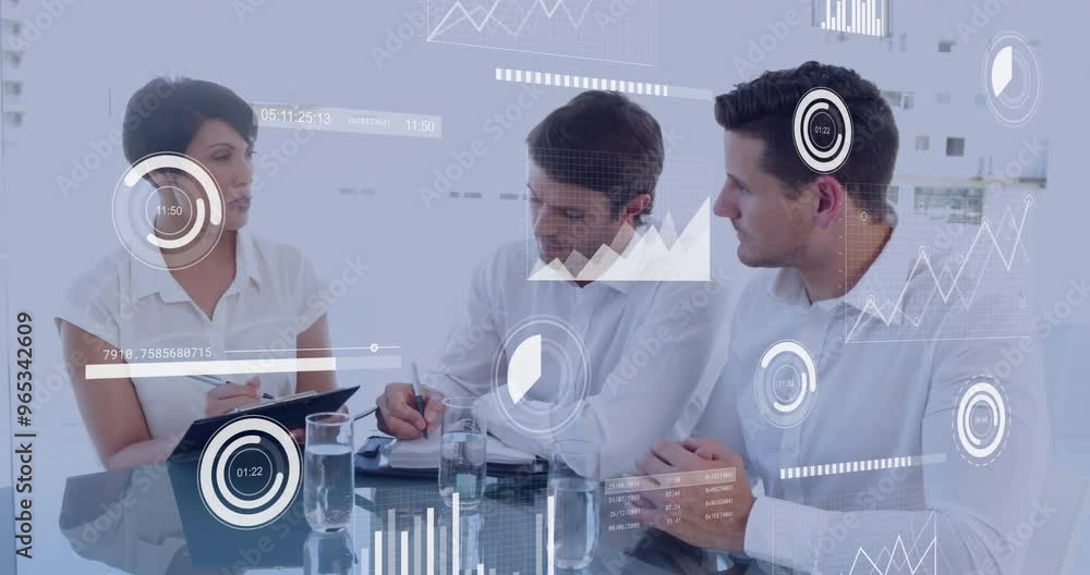 Poster animation of financial data processing over diverse colleagues discussing work in office
