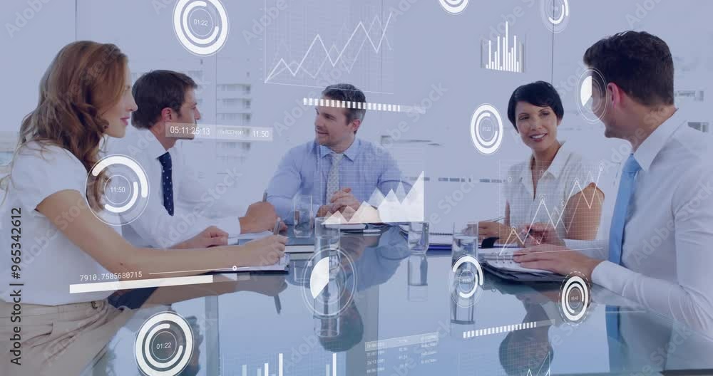 Aufkleber animation of financial data processing over diverse colleagues discussing work in office