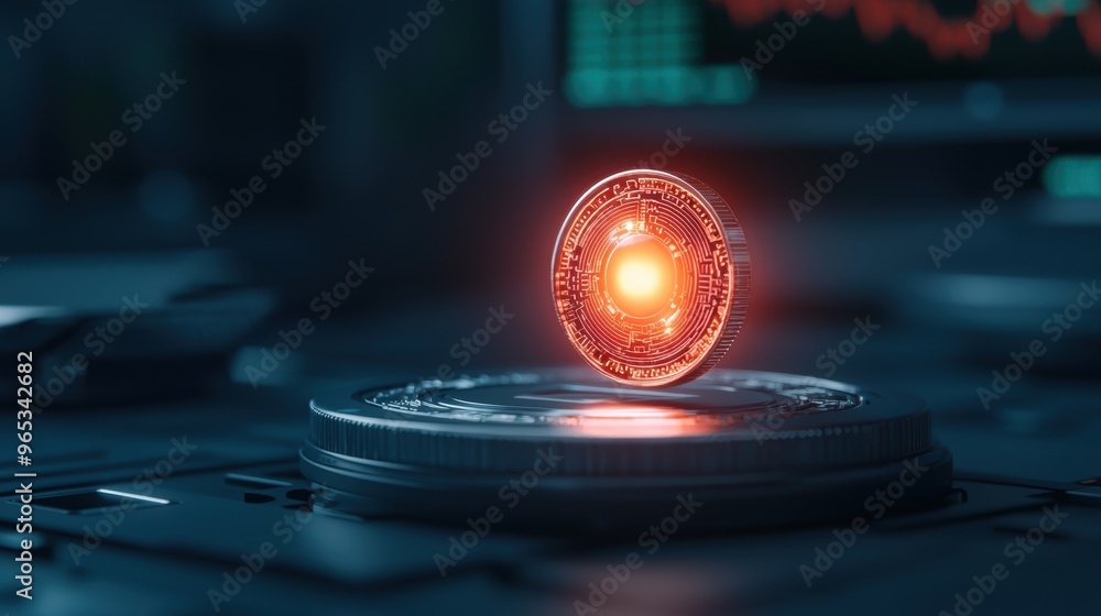 Poster futuristic currency exchange hologram in modern office setting with selective focus on advanced tech
