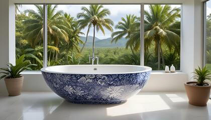 A bright, modern bathroom with large windows overlooking a scenic outdoor view features the tub