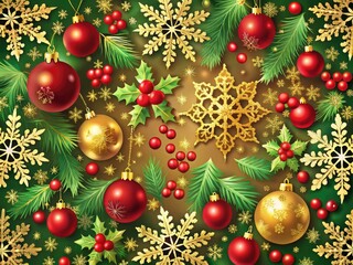 Vibrant festive illustration of snowflakes, ornaments, and holly leaves in red, green, and gold hues, perfect for adding holiday cheer to digital designs and projects.