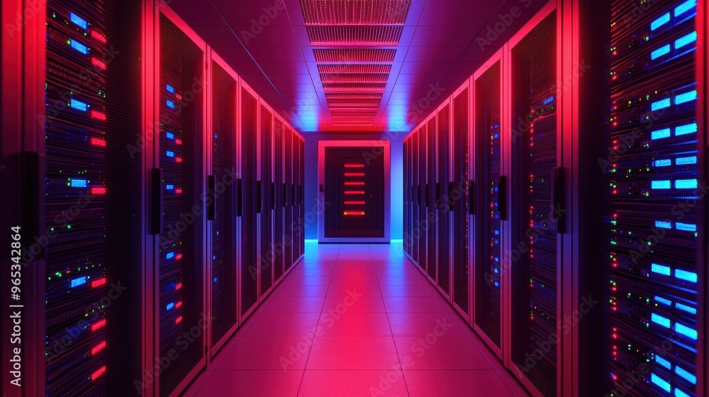 Poster secure cyber system - futuristic model of glowing firewall in server room