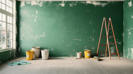 An indoor space undergoing renovation with painting supplies. Green partial-painted wall, ladder, buckets, paint roller, and other tools on the wooden floor.