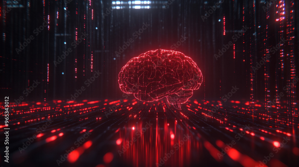 Poster a brain made of red lights is displayed in a dark room. the brain is surrounded by a red and black b