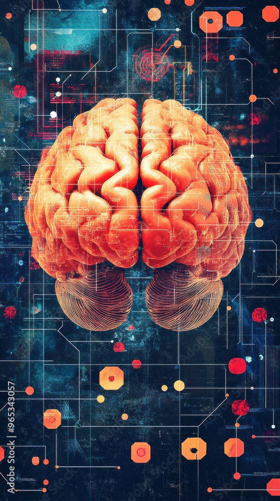 Aufkleber a brain is shown in a colorful, abstract style with a lot of red and blue. the brain is surrounded b
