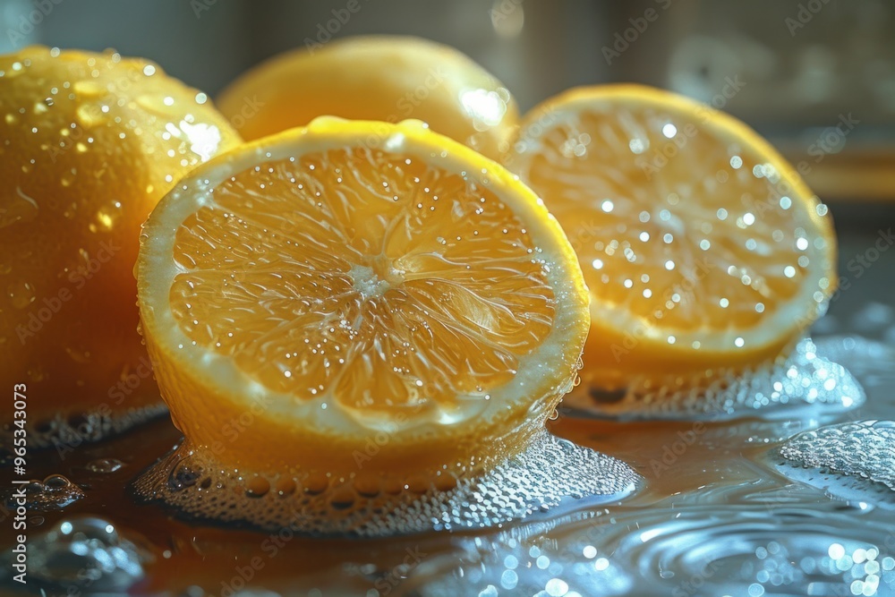 Wall mural freshly sliced lemons glistening with water droplets in a kitchen setting during the morning light