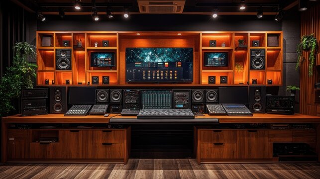 Mixing console in recording studio with monitors, broadcasting room