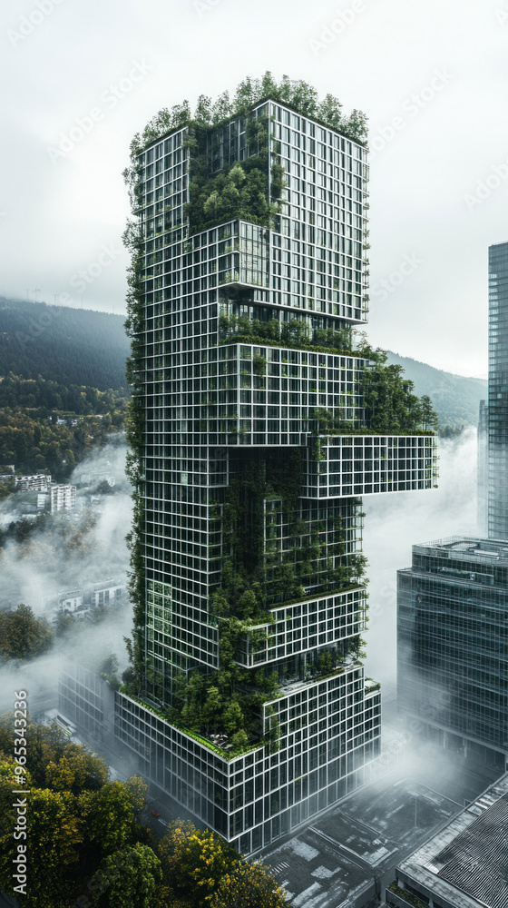 Poster a tall building covered in plants and trees. the building is surrounded by fog and has a very unique
