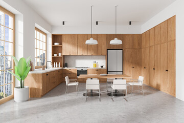 The image shows a modern kitchen interior with wooden cabinets, a dining table, white chairs, and large windows. A bright, clean design concept. 3D Rendering