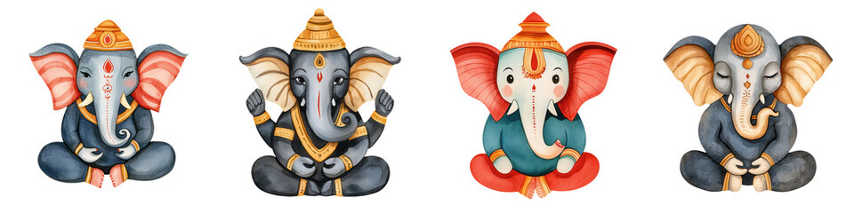 Naklejka premium A cheerful collection of four colorful cartoon elephants, each with unique adornments and expressions, perfect for playful designs.