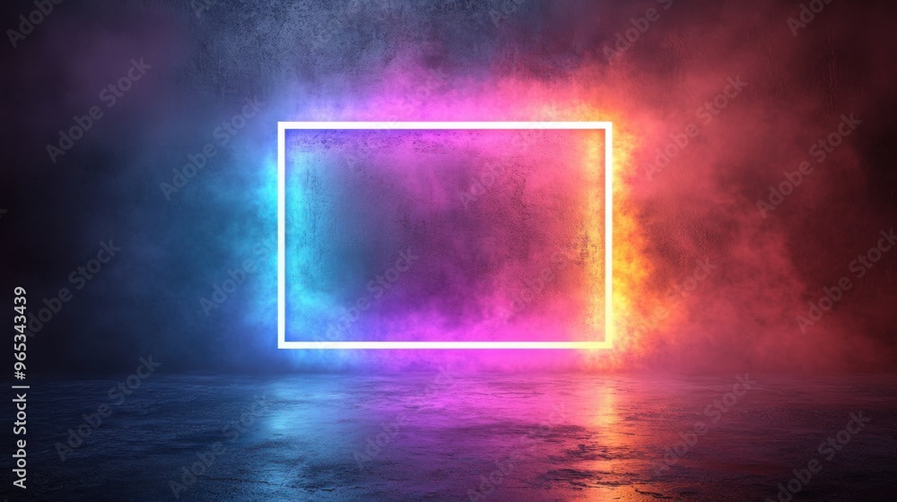 Poster neon rectangular frame on a vibrant gradient background