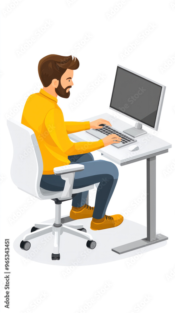 Poster a man in a yellow shirt is sitting at a desk with a computer monitor and keyboard. he is typing on t