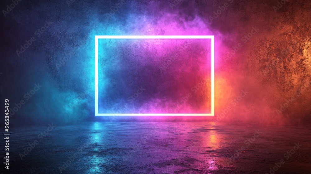 Poster neon rectangular frame on a vibrant gradient background