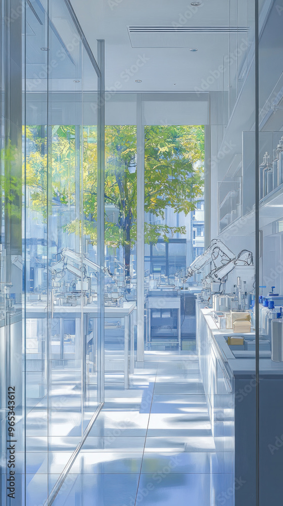 Poster a large, open room with a tree in the middle. the room is filled with glass doors and windows, and t