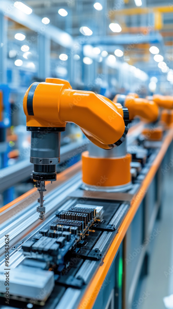 Poster A line of robots are working on a production line