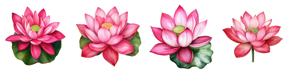 Fototapeta premium A stunning collection of pink lotus flowers showcasing various stages of bloom, ideal for nature-themed designs and artworks.