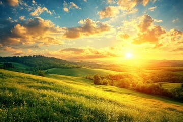 Obraz premium Serene Landscape with Vibrant Sky at Sunrise, Ideal for Nature and Travel Themes Generative AI