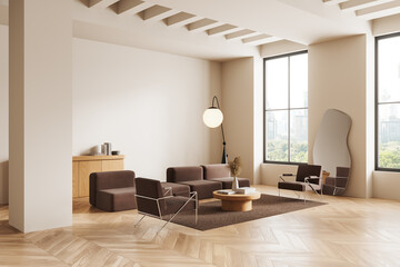 Beige home living room interior with two armchairs, sofa and panoramic window