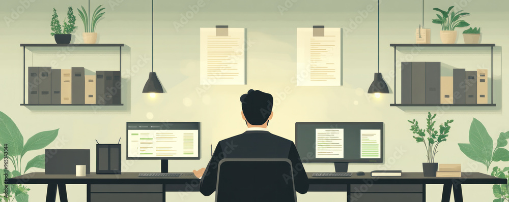 Poster a man is sitting at a desk with two computer monitors and a keyboard. the room is filled with booksh