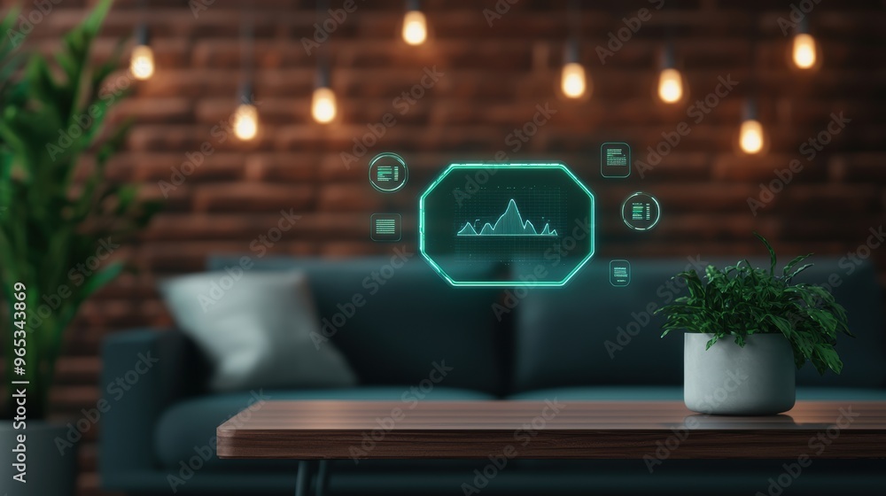 Poster futuristic wealth management solutions - floating holograms in modern office setting with selective 
