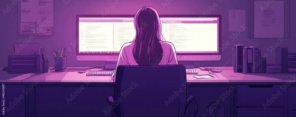 Poster a woman is sitting at a computer desk with a purple background. she is typing on a keyboard and has 