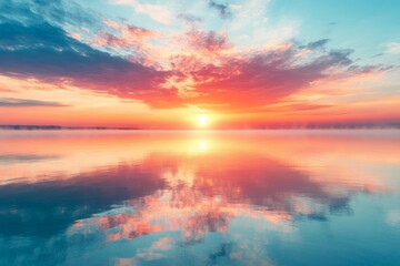 Fototapeta premium Serene Lake Landscape with Misty Sunrise Reflections for Travel or Nature Backgrounds Generative AI