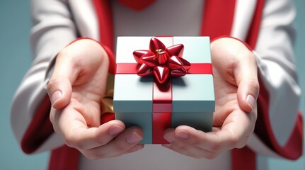 Hands presenting a gift box with a red ribbon