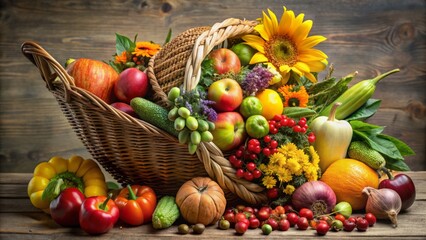 * A beautifully crafted horn-shaped basket overflows with a colorful medley of fruits, vegetables, and flowers, arranged in a traditional cornucopia pattern.