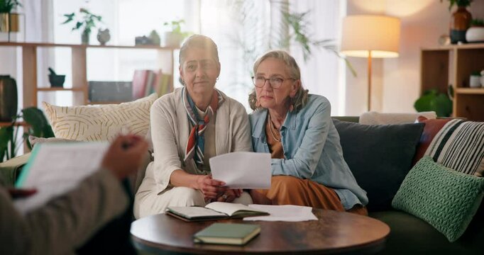 Senior couple, lesbian and paper for finance planning in home, review will and asset management. Lawyer, old people and documents for legal consultant, advice and power of attorney in retirement