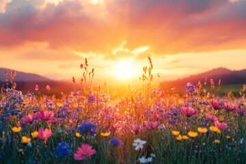 Naklejka premium Warm Sunrise over a Field of Wildflowers with a Dramatic Sky, Perfect for Nature and Landscape Photography Generative AI