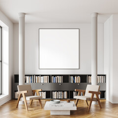Stylish relax interior with armchairs and coffee table, shelf and mockup frame