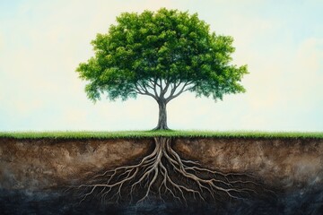 Obraz premium Detailed Realistic Tree with Visible Interwoven Roots against Soft Light Background for Nature and Environment Concepts Generative AI