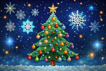 Fototapeta premium Vibrant, nostalgic, and whimsical, this festive digital art features a pixelated Christmas tree, snowflakes, and ornaments in bright colors against a dark blue starry night sky.